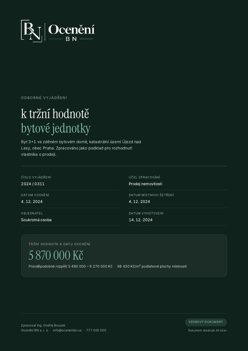 Vzorové vyjádření — titulní strana s tržní hodnotou
